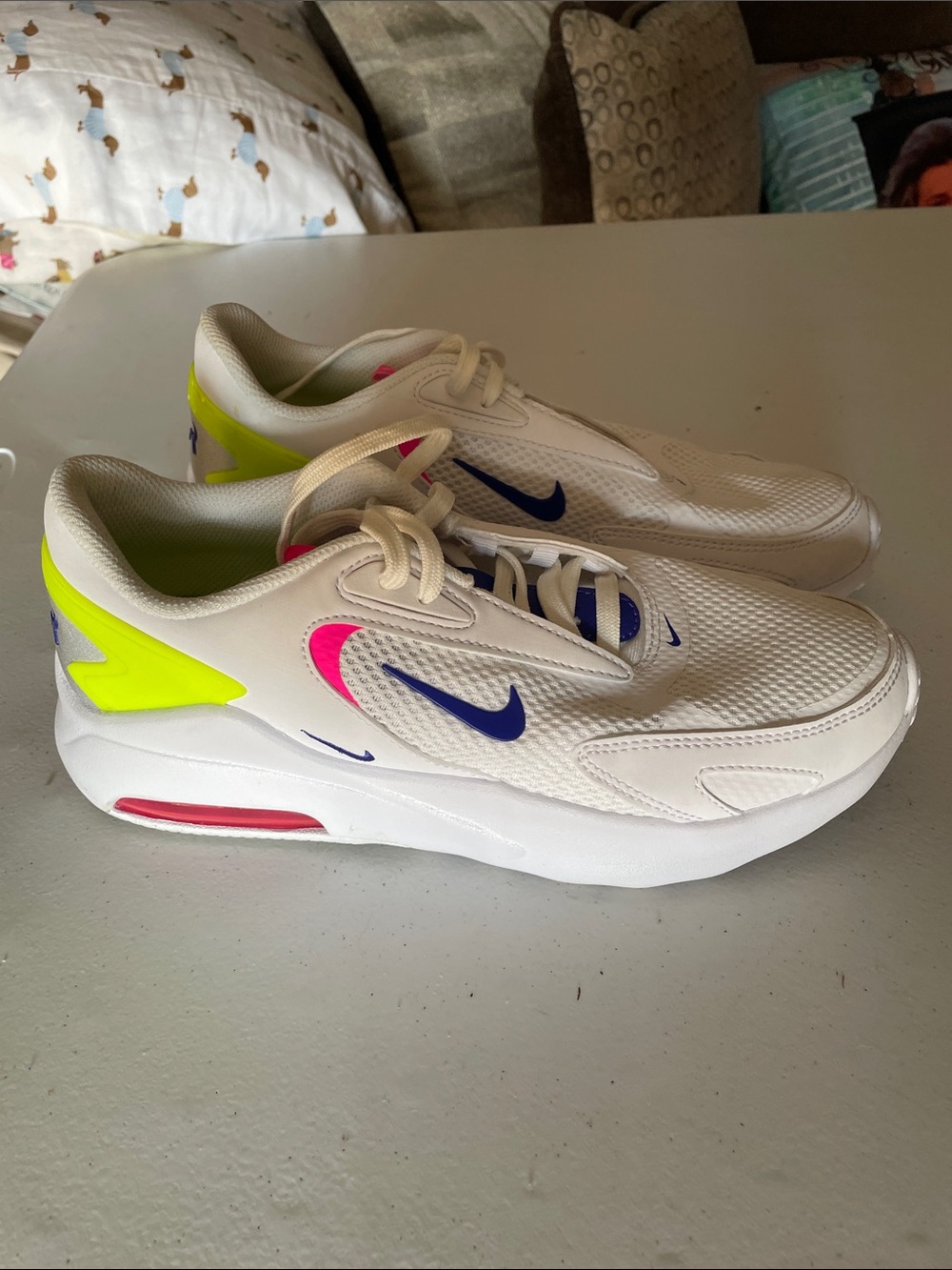 Nike White Sneakers with Neon Yellow, Hot Pink & Royal Blue Accents